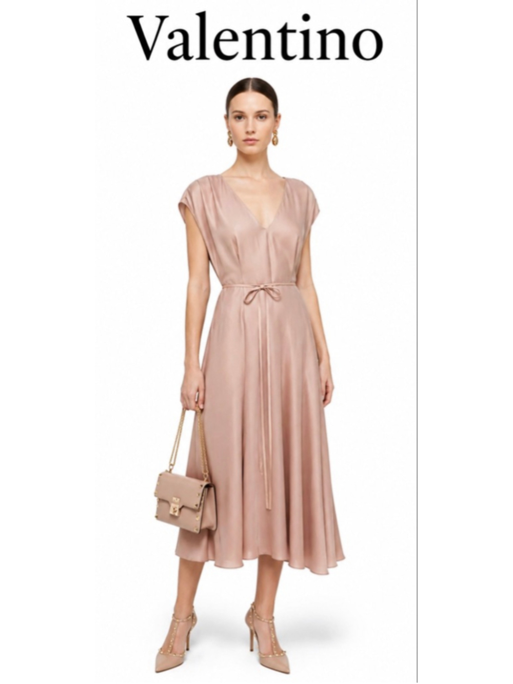Valentino Blush Midi Dress Size 8 Italian Luxury Silk Leather Belt FairyCore